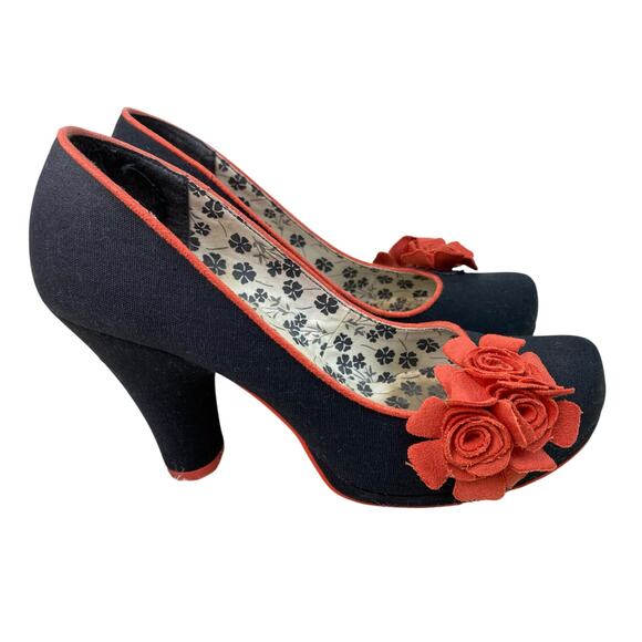 Ruby Shoo Women's Size EU 39 US 8.5 Black Fabric Red Floral Heels Pumps - Picture 1 of 11